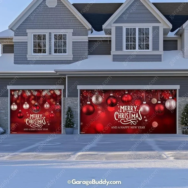 Christmas Garage Door Cover with Red Ornaments and Holiday Greeting 8
