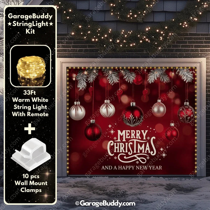 Christmas Garage Door Cover with Red Ornaments and Holiday Greeting 9