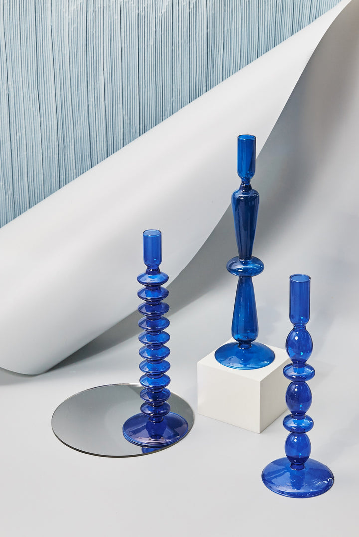 Lumivida Candelabro de Cristal – Borosilicato soplado a mano en azul cobalto