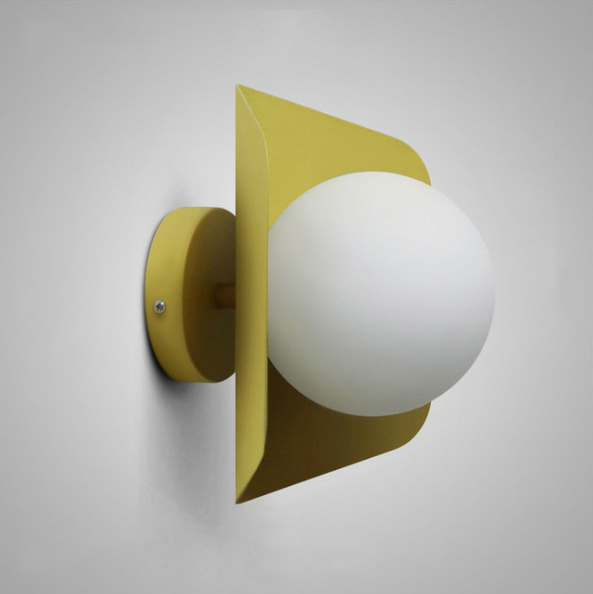 Lámpara de pared Lurevia con placa geométrica y bola de vidrio esmerilado – diseño pastel moderno