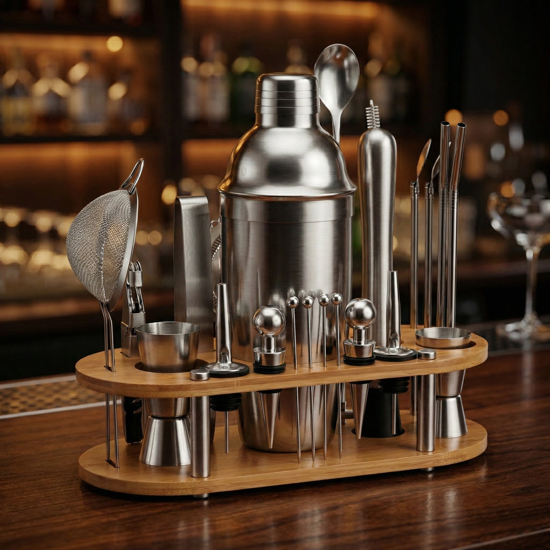 Set de cocktail 23 pièces – Shaker en acier inoxydable, outils de bar &amp; support en bois