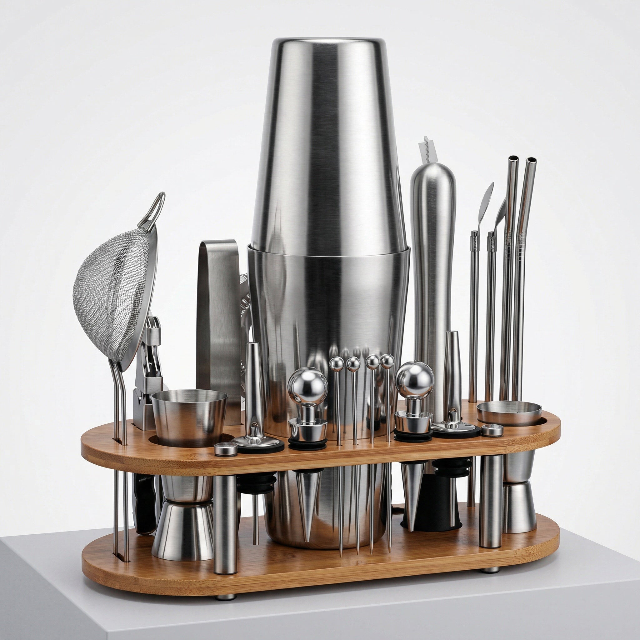 Cocktailset 23-delig – RVS Shaker, Bartools & Houten Standaard