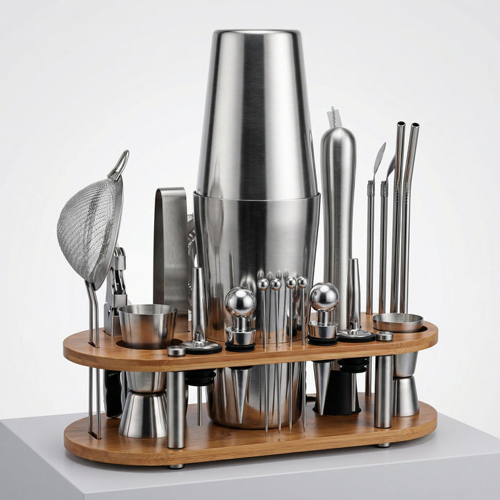 Set de cocktail 23 pièces – Shaker en acier inoxydable, outils de bar &amp; support en bois