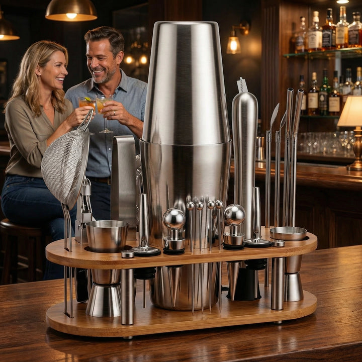 Set de cocktail 23 pièces – Shaker en acier inoxydable, outils de bar &amp; support en bois