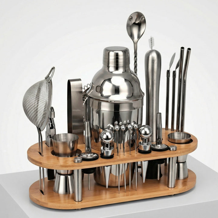 Set de cocktail 23 pièces – Shaker en acier inoxydable, outils de bar &amp; support en bois