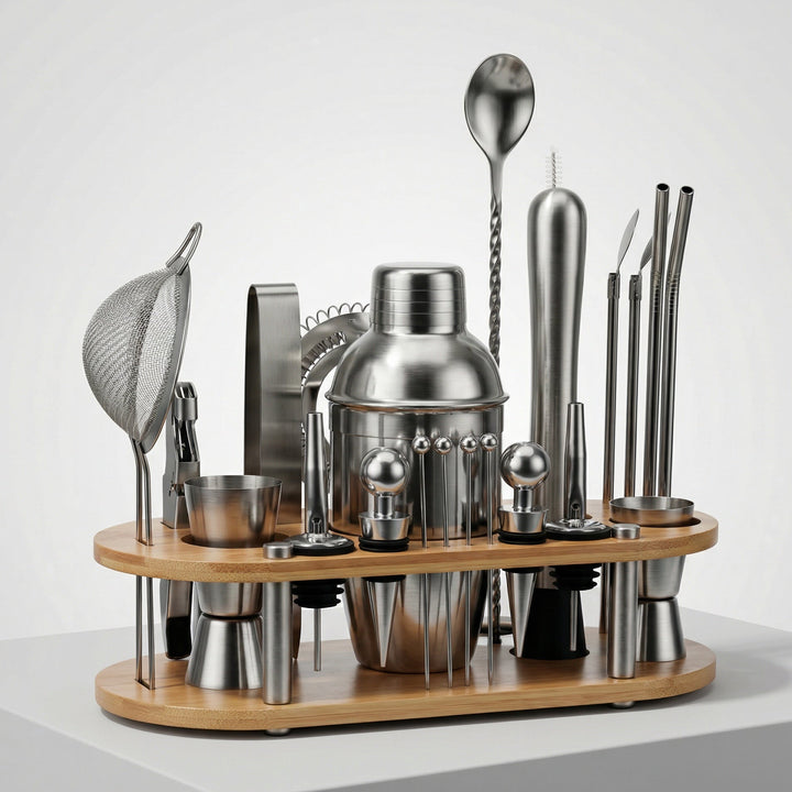 Set de cocktail 23 pièces – Shaker en acier inoxydable, outils de bar &amp; support en bois