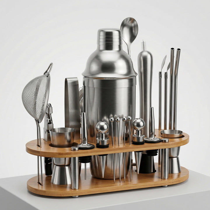 Set de cocktail 23 pièces – Shaker en acier inoxydable, outils de bar &amp; support en bois