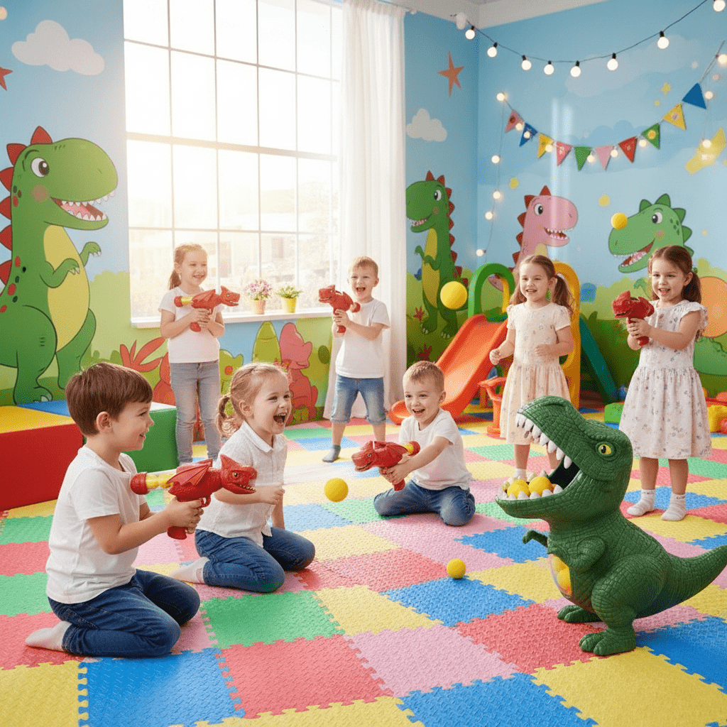DINOPOP BLASTER – Dinosaur shooting game for children with soft foam balls &amp; target board Bolendo