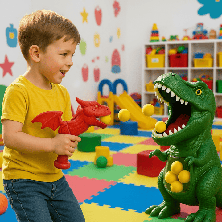 DINOPOP BLASTER – Dinosaur shooting game for children with soft foam balls &amp; target board Bolendo