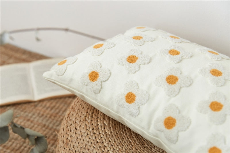 Floriva Daisy Funda de Cojín – Algodón Bordado con Motivo Floral en Varios Colores