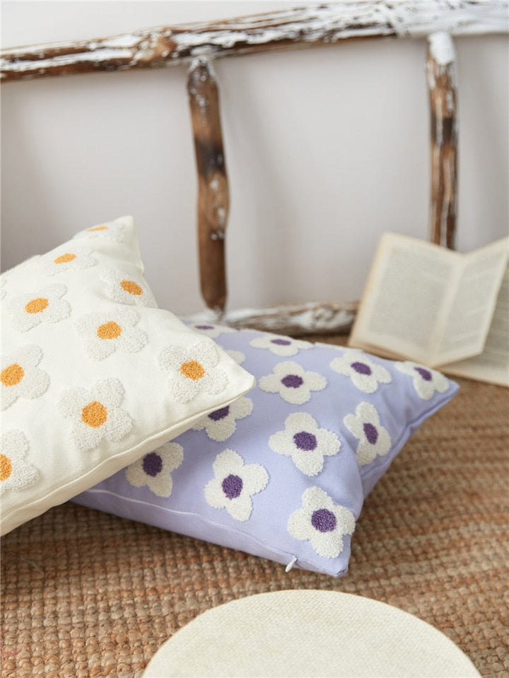 Floriva Daisy Funda de Cojín – Algodón Bordado con Motivo Floral en Varios Colores