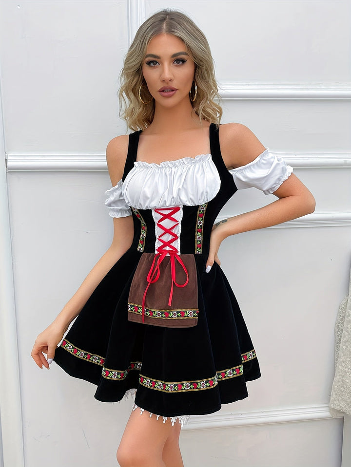 AlpenZauber – Dames Schoudervrij Dirndl met Zwierige Rok – Voor Feesten &amp; Wiesn