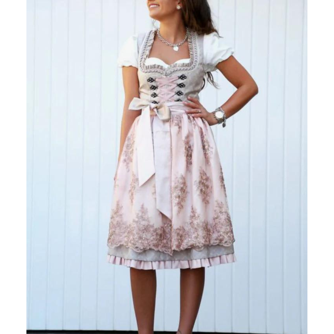 AlpenHerz Dames Midi-Dirndl – Katoen met Schort, Elegant Oktoberfest Kostuum