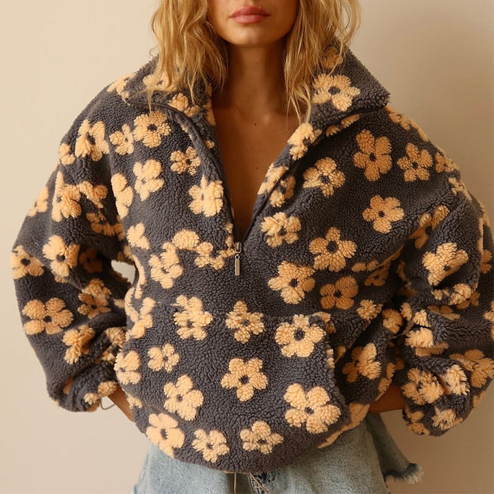 Dames Sherpa Trui met Bloemenprint – Zachte Boho Fleece voor Herfst &amp; Winter 0