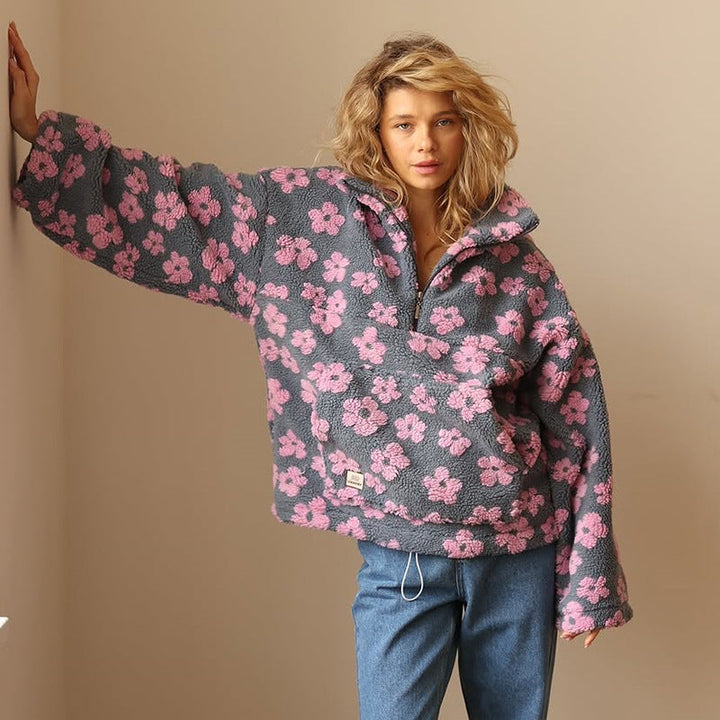 Dames Sherpa Trui met Bloemenprint – Zachte Boho Fleece voor Herfst &amp; Winter 1