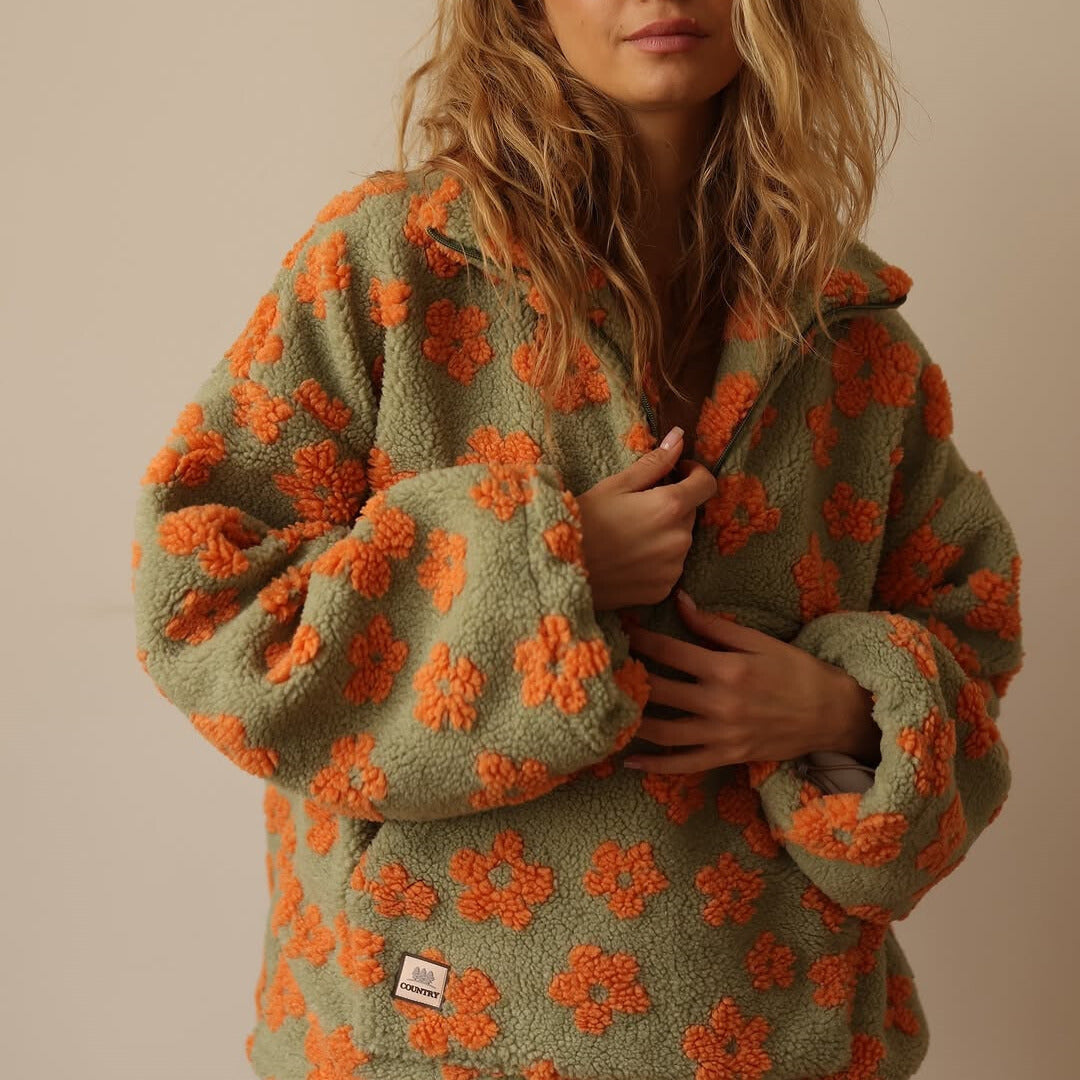 Dames Sherpa Trui met Bloemenprint – Zachte Boho Fleece voor Herfst &amp; Winter 3
