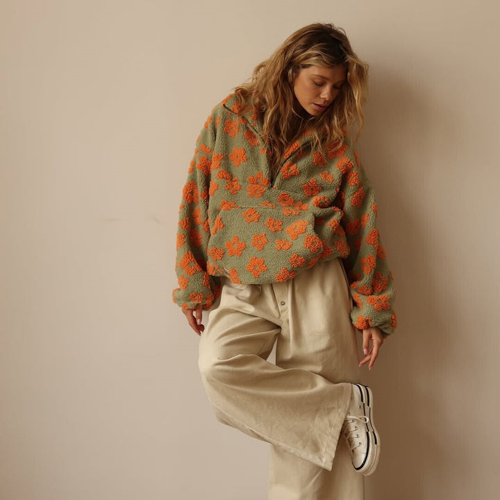 Dames Sherpa Trui met Bloemenprint – Zachte Boho Fleece voor Herfst &amp; Winter 5