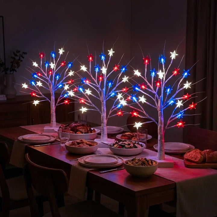 Tabletop Birch Tree Lamp – Red, White and Blue Stars on Lighted Branches Tevako