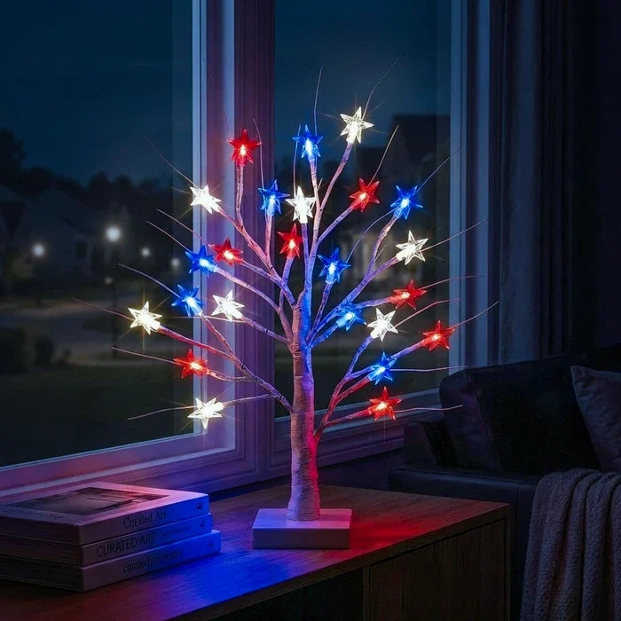 Tabletop Birch Tree Lamp – Red, White and Blue Stars on Lighted Branches Tevako