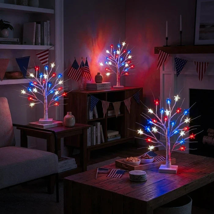 Tabletop Birch Tree Lamp – Red, White and Blue Stars on Lighted Branches Tevako