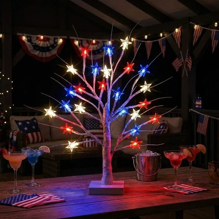 Tabletop Birch Tree Lamp – Red, White and Blue Stars on Lighted Branches Tevako