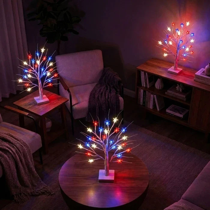 Tabletop Birch Tree Lamp – Red, White and Blue Stars on Lighted Branches Tevako