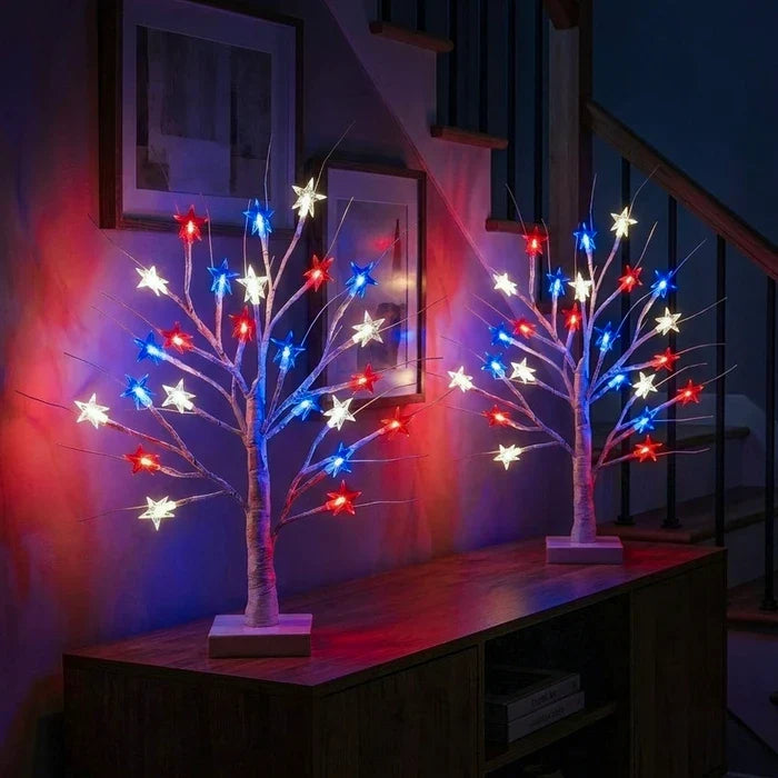 Tabletop Birch Tree Lamp – Red, White and Blue Stars on Lighted Branches Tevako