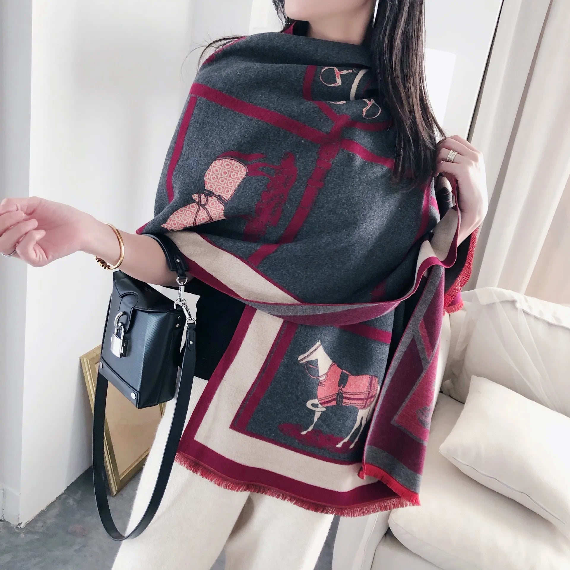 Equestra inverno bufanda – bufanda de luxo para mulleres con estampado de cabalo, tecido suave e estilo elegante e cálido para o inverno