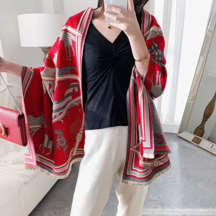 Equestra Invierno Bufanda – Bufanda de Lujo para Dama con Estampado de Caballos, Tela Suave y Estilo Elegante y Cálido para el Invierno