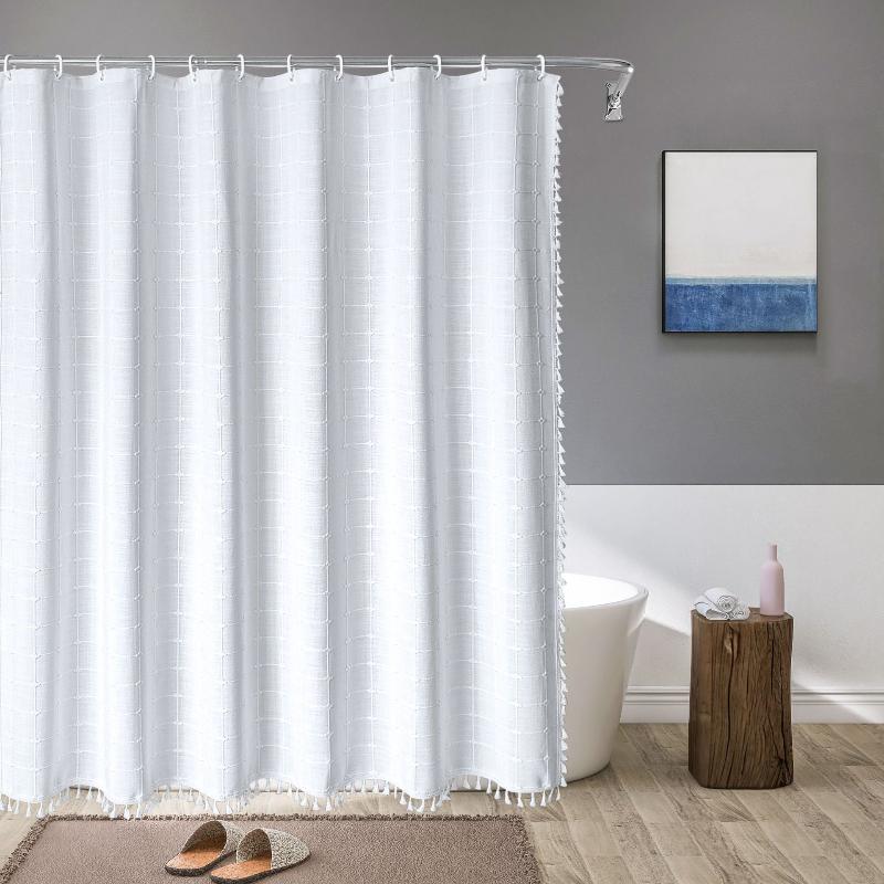 Douchegordijn Linnen Bohemian Waterproof Kwastjes 180x200cm Badkamer Beige Geruit 12