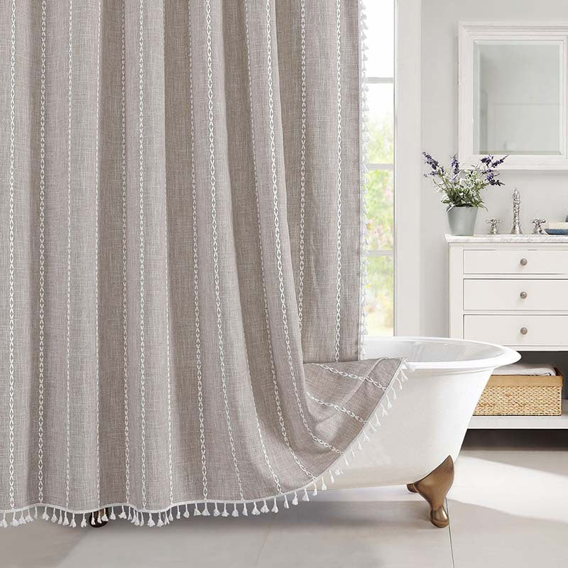 Douchegordijn Linnen Bohemian Waterproof Kwastjes 180x200cm Badkamer Beige Geruit 13