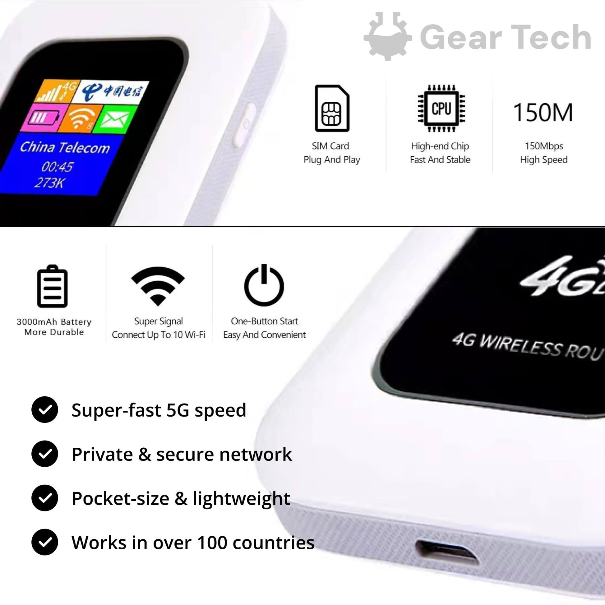 Draagbare 5G WiFi Router – Veilige Mobiele Internetverbinding voor Camper, Caravan en Reizen | 10 Apparaten | 150 Mbps | Sansoti 2