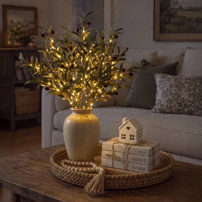 Lighted Olive Branch – Artificial Olive Stems with Built-In Warm Light for Vases Tevako