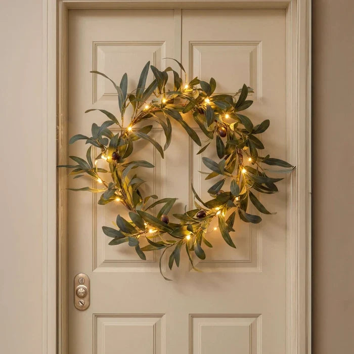Lighted Olive Wreath – Round Olive Leaf Wreath with Warm Fairy Lights for Doors Tevako