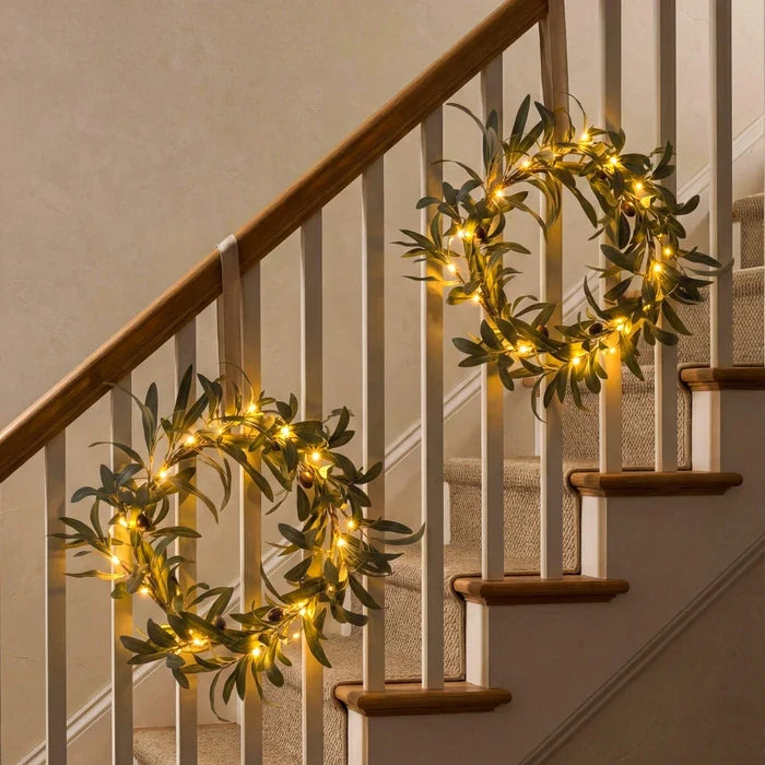 Lighted Olive Wreath – Round Olive Leaf Wreath with Warm Fairy Lights for Doors Tevako