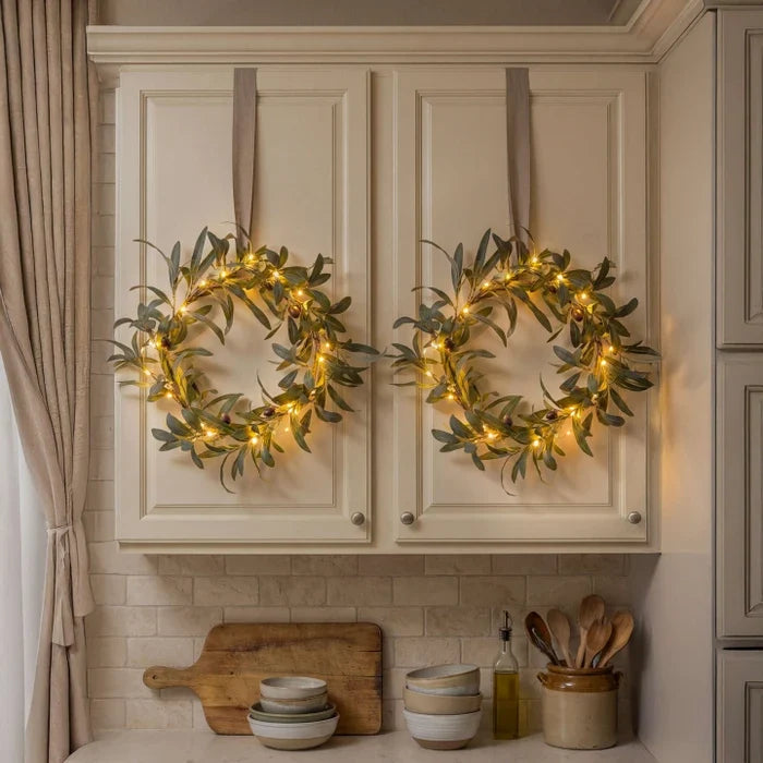 Lighted Olive Wreath – Round Olive Leaf Wreath with Warm Fairy Lights for Doors Tevako