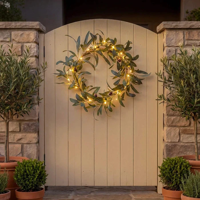Lighted Olive Wreath – Round Olive Leaf Wreath with Warm Fairy Lights for Doors Tevako