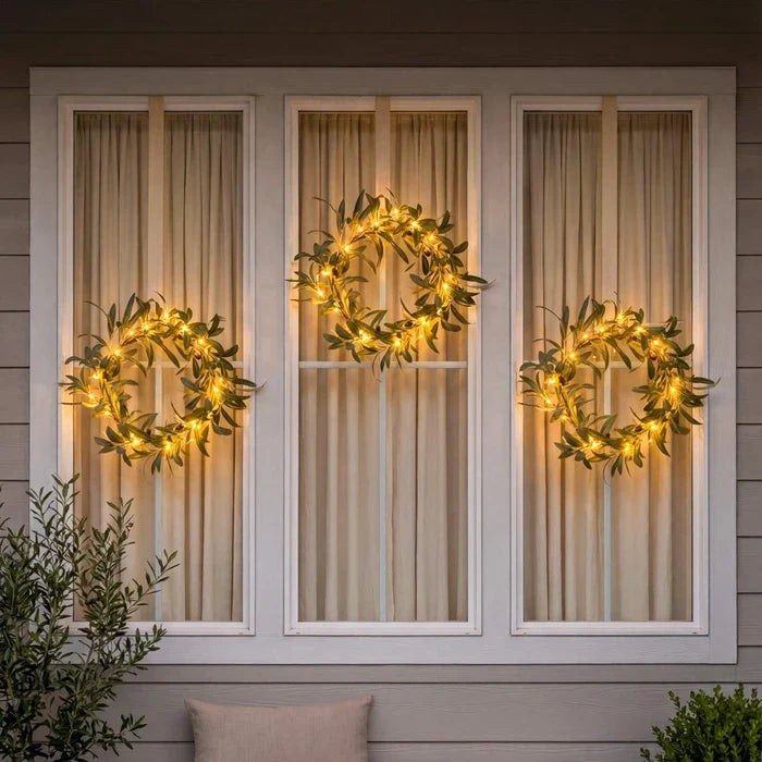 Lighted Olive Wreath – Round Olive Leaf Wreath with Warm Fairy Lights for Doors Tevako
