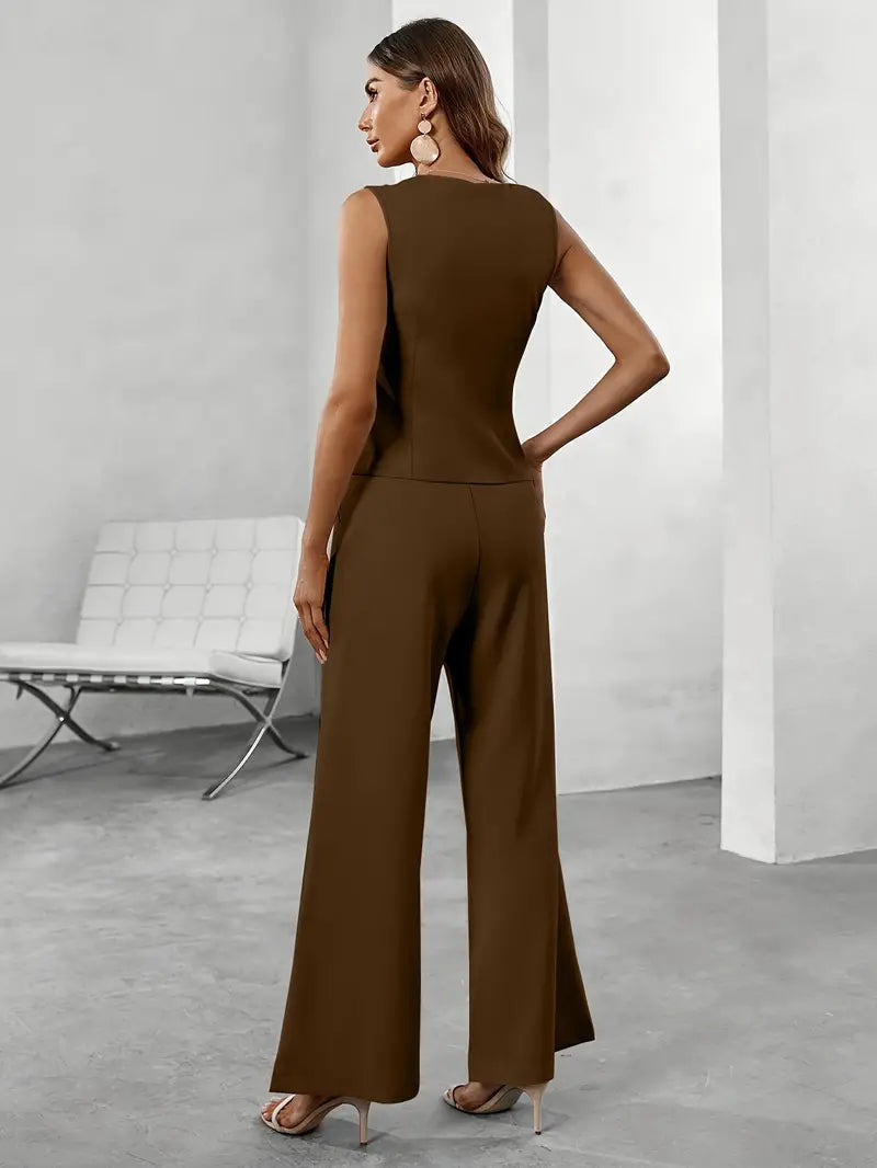 Elegante Mouwloze Blazer en Wijde Pijpen Broek Set 5