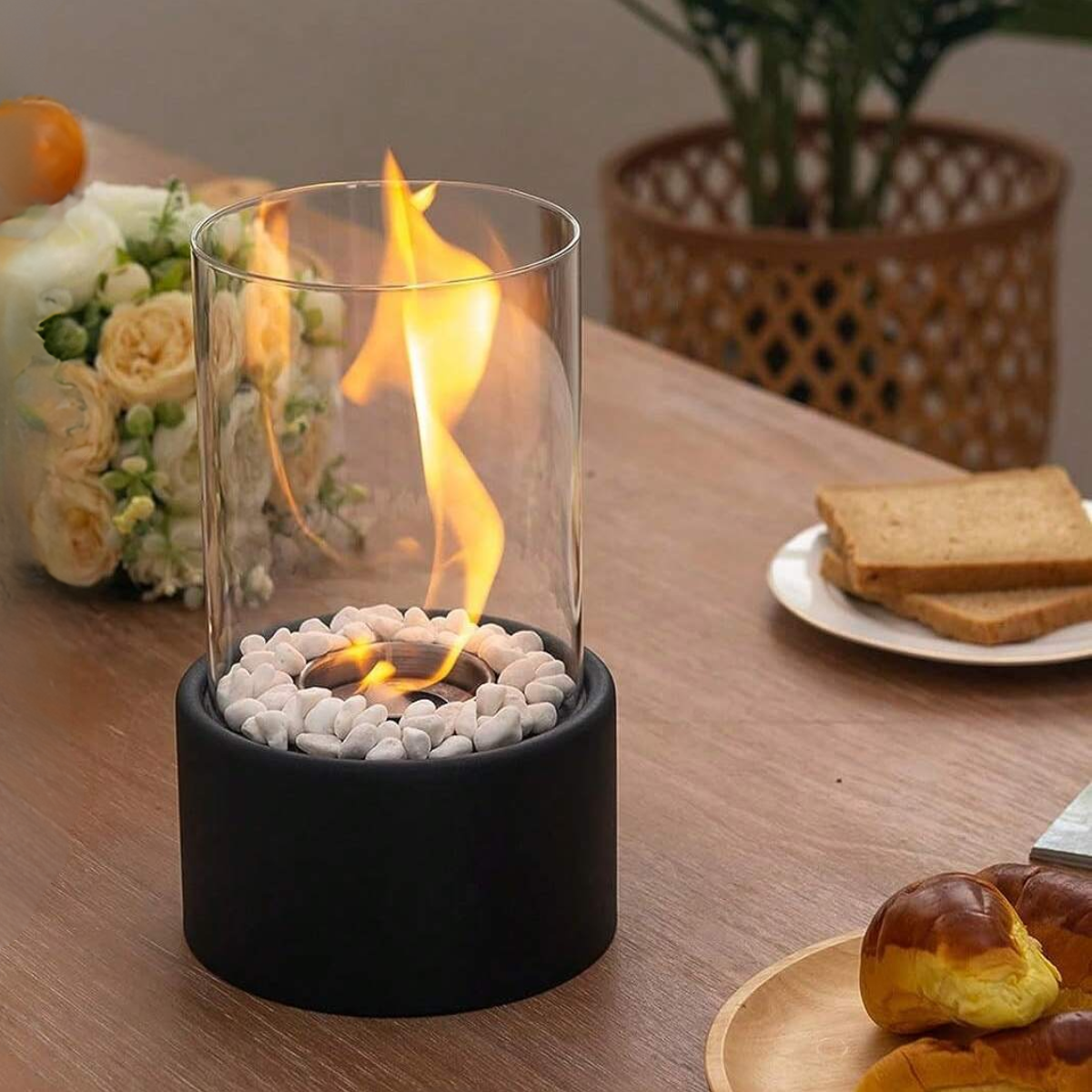 Liora – Élégante lampe à huile en verre avec fonction de sécurité & pierres décoratives