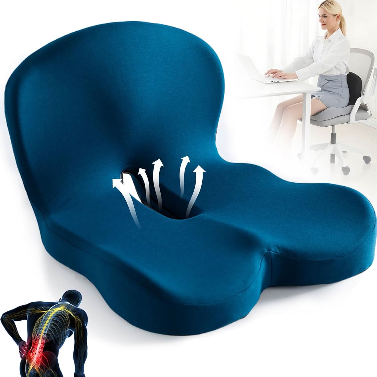 ErgoComfort Zitkussen Memory Foam Ergonomisch Drukverlagend Antislip | Bureaustoel Auto Thuiswerken Rugpijn Steunkussen Zitkussens | Sansoti 0