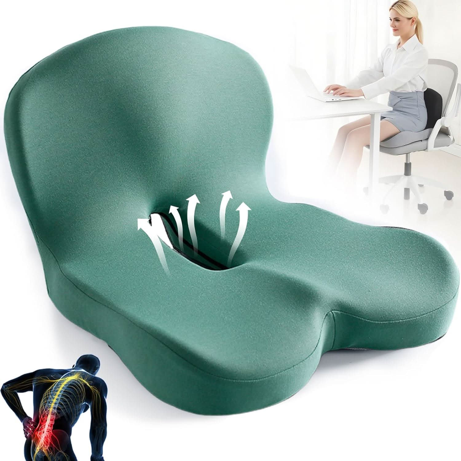 ErgoComfort Zitkussen Memory Foam Ergonomisch Drukverlagend Antislip | Bureaustoel Auto Thuiswerken Rugpijn Steunkussen Zitkussens | Sansoti 6