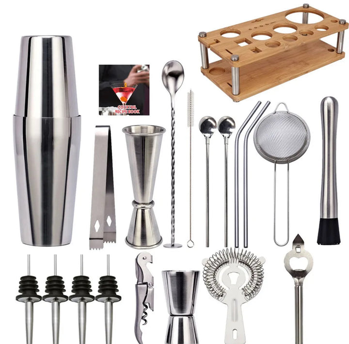 Set de cocktail 23 pièces – Shaker en acier inoxydable, outils de bar &amp; support en bois