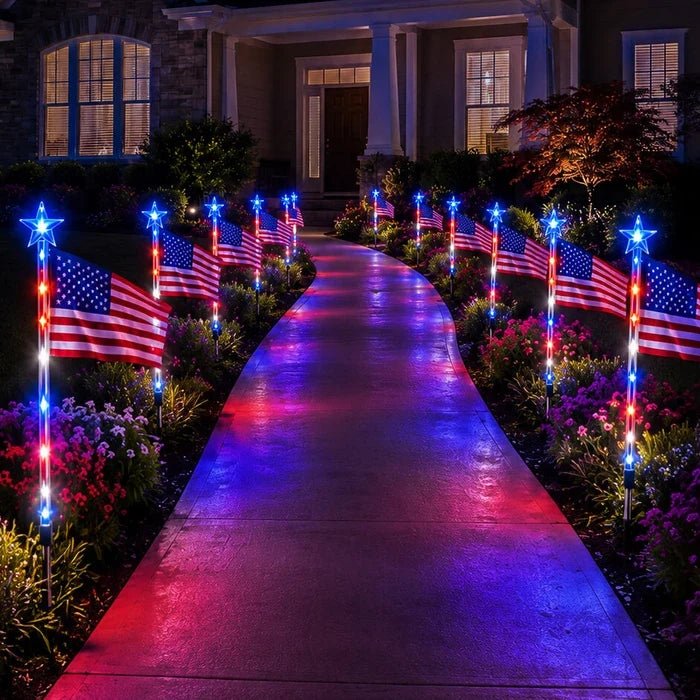 Flag Solar Path Lights – Stars and Stripes Glow in Red, White and Blue Tevako