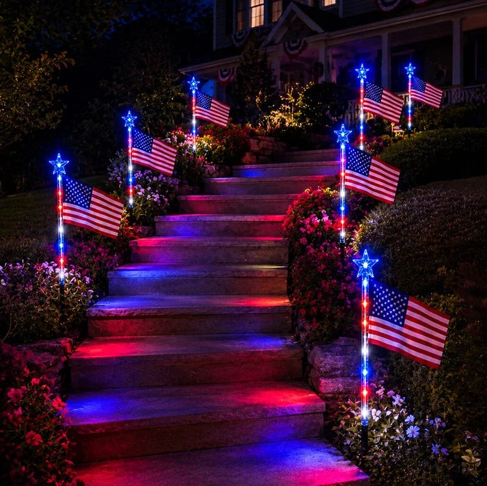 Flag Solar Path Lights – Stars and Stripes Glow in Red, White and Blue Tevako