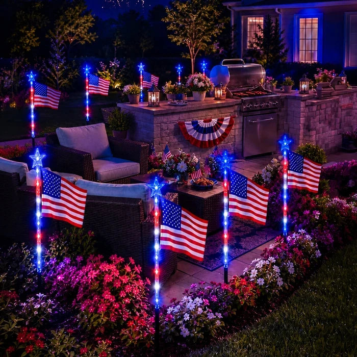 Flag Solar Path Lights – Stars and Stripes Glow in Red, White and Blue Tevako