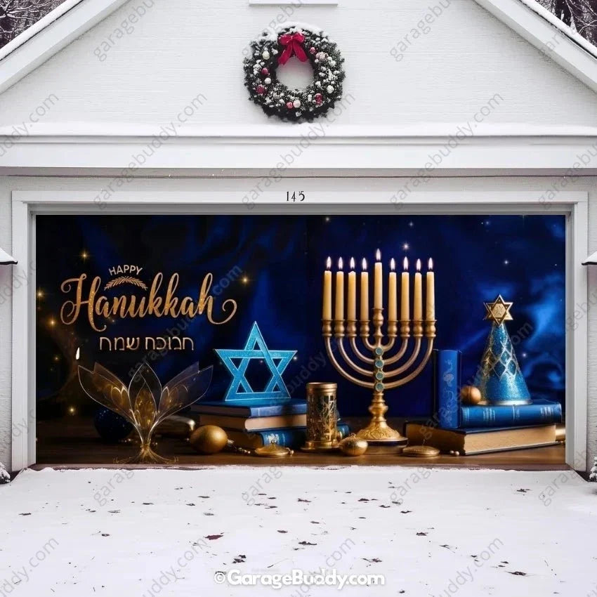 Festive Hanukkah Garage Door Cover with Menorah and Dreidel Design, Weather-Resistant 1