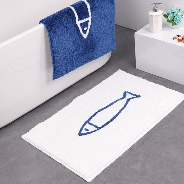 Marvona Badmat – Pluche Chenille met Antislip, Wit-Blauw Design, Wasbaar
