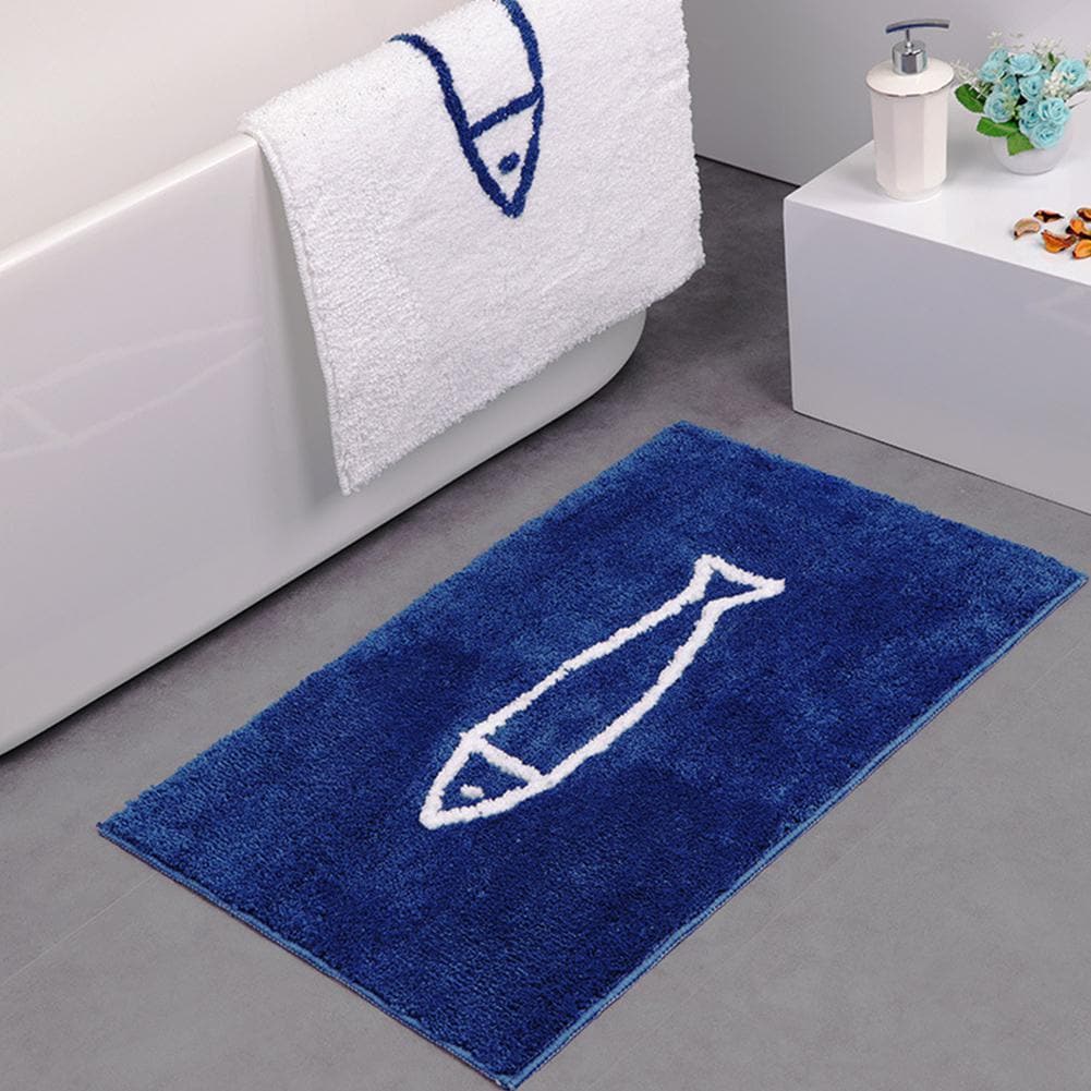 Marvona Tappetino Bagno – Chenille Morbido con Antiscivolo, Design Bianco-Blu, Lavabile