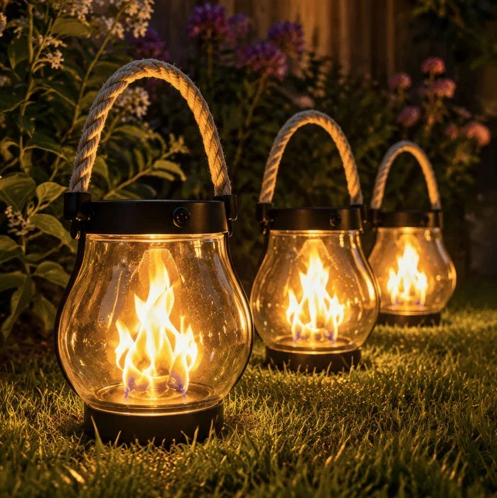 Solar Flame Lantern – Clear Lantern with Flickering Light and Hemp Rope Handle Tevako